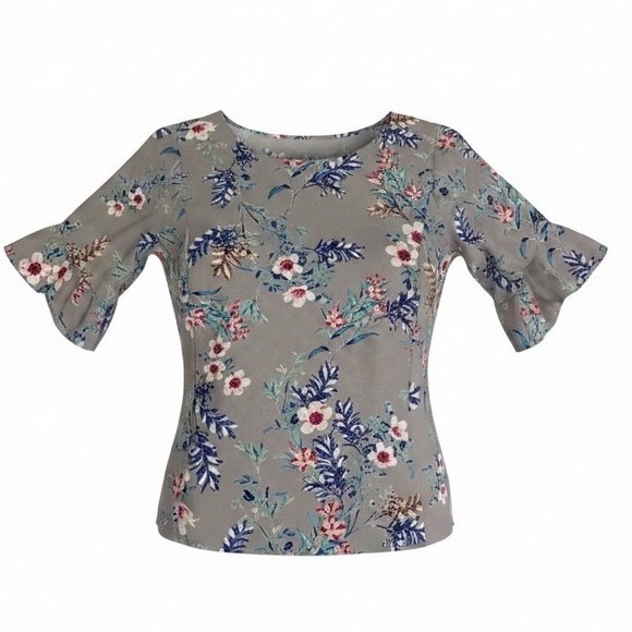 Liz Claiborne Tops - Liz Claiborne Career Womens XL Gray Floral Bell Sleeve Ruffle Blouse Top